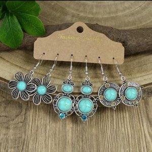 Set of 3 Silver Pendant Earrings w/ Turquoise Color Stones 925 Silver Hooks